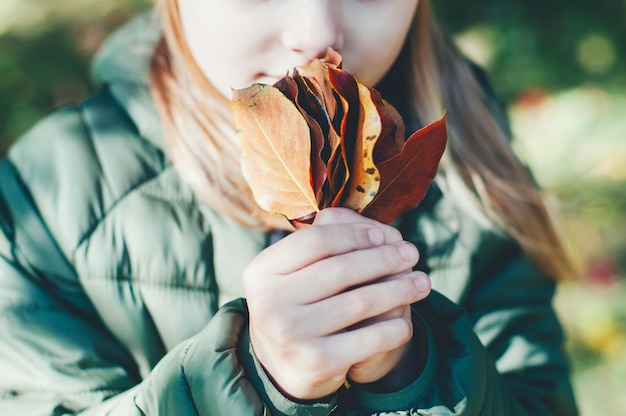 Photo midsection of girl holding maple leaves while standing outdoors during autumn