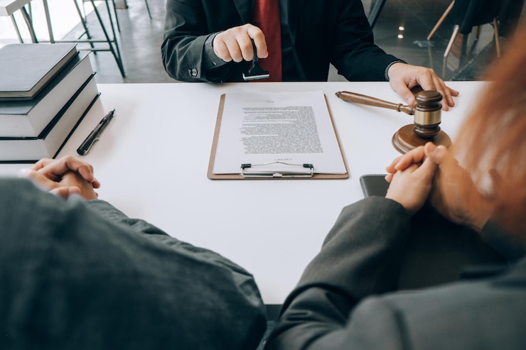 Midsection of lawyer holding rubber stamp over document on desk