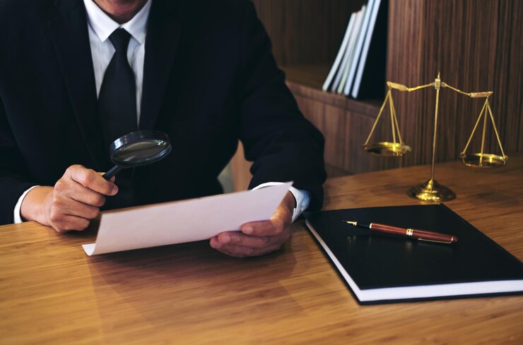 Midsection of lawyer reading document through magnifying glass