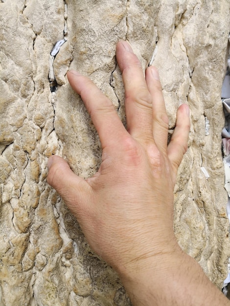 Foto sezione centrale della mano dell'uomo sulla roccia