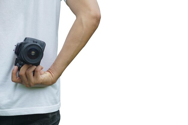 Photo midsection of man holding camera on white background