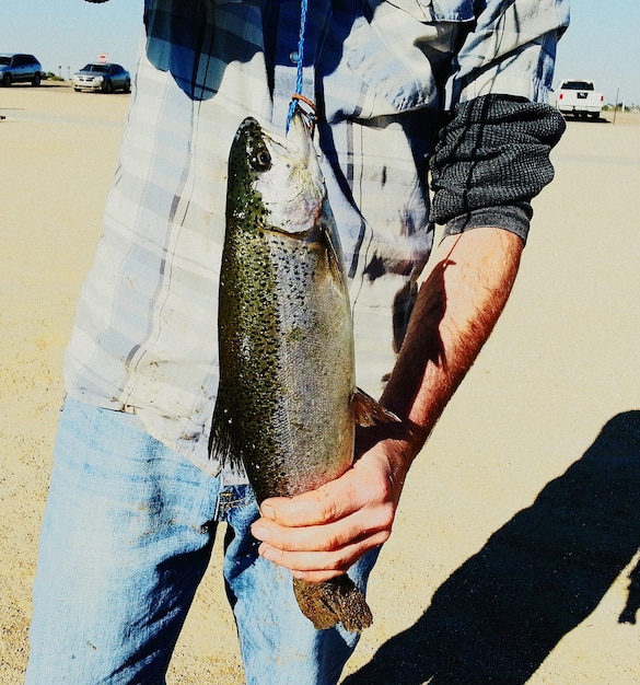 Midsection of man holding fish