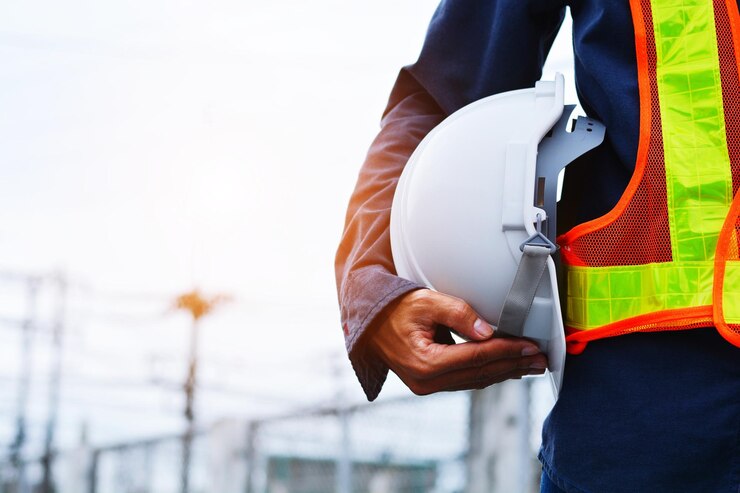 Photo midsection of man holding hardhat at construction site