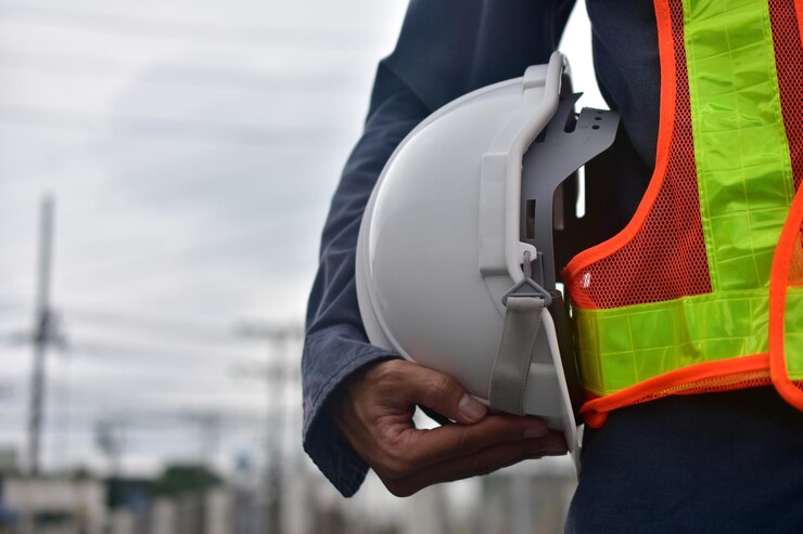 Photo midsection of man holding hardhat while standing on road