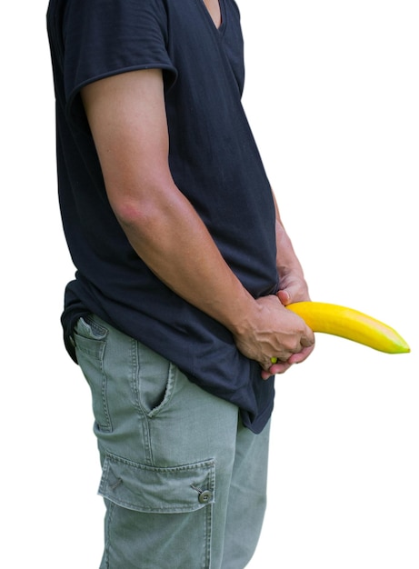 Midsection of man holding ice cream against white background