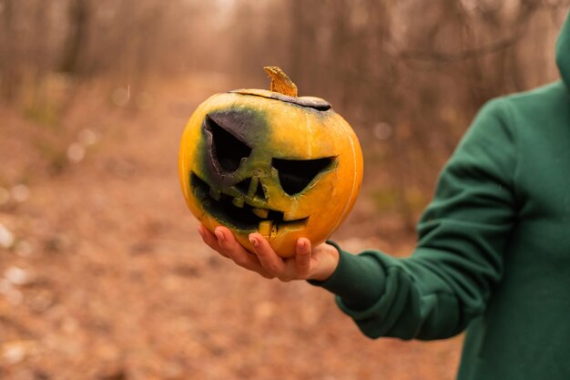 Foto sezione centrale di un uomo che tiene una zucca