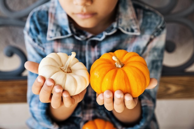 Photo midsection of man holding pumpkins