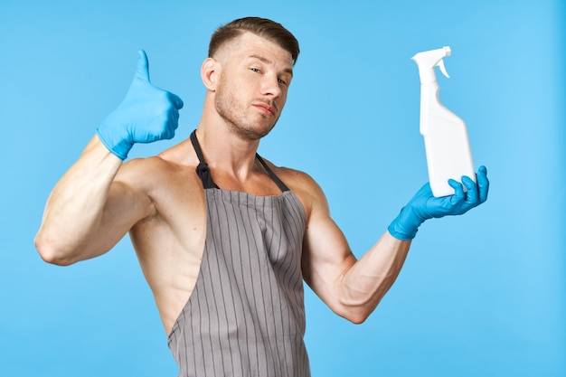 Photo midsection of man with arms raised against blue background