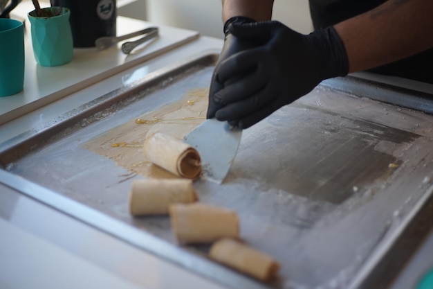 midsection of man working at table