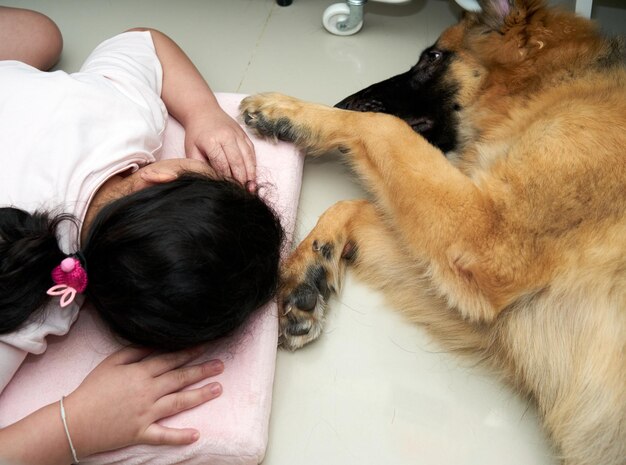 写真 犬と一緒に家でリラックスしている女の子のミッドセクション