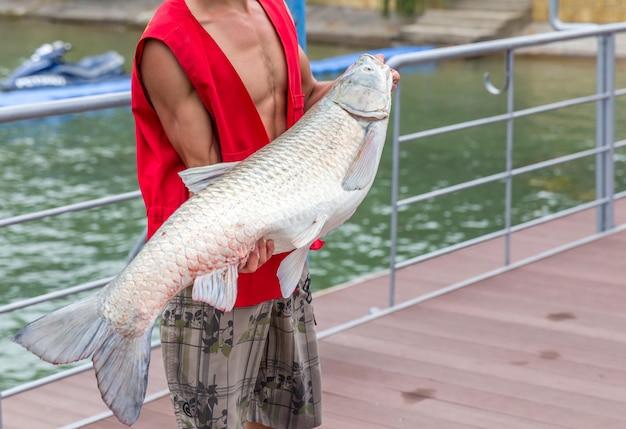 写真 水の中に魚を抱いている男の真ん中