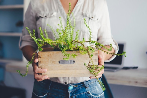 写真 鉢の植物を握っている女性の中間部分