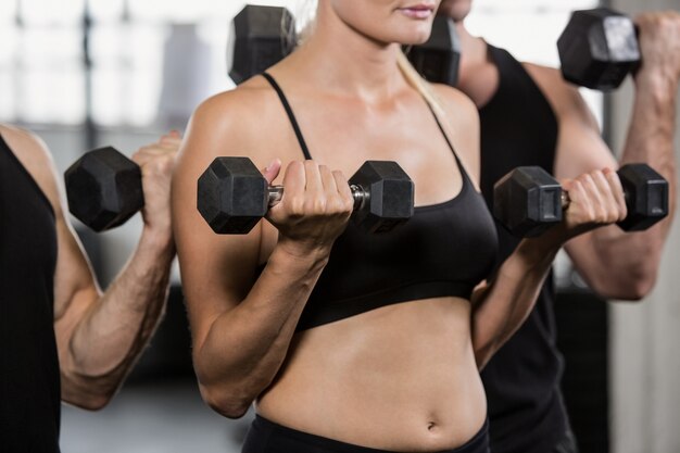 Midsection of people lifting dumbbell