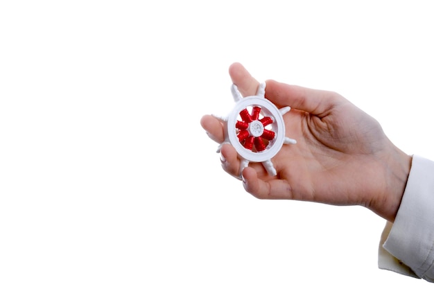 Midsection of person holding apple against white background