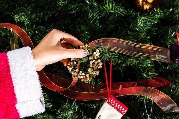 Foto sezione centrale di una persona che tiene l'albero di natale