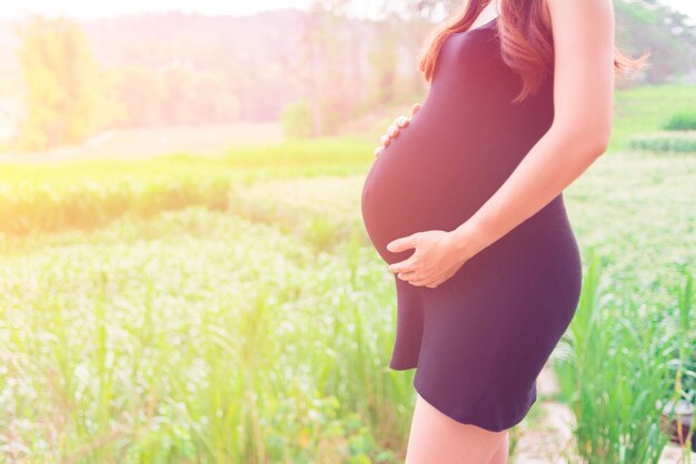 Средний раздел беременной женщины, стоящей на травяном поле