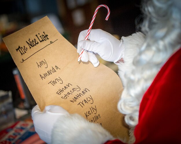 Midsection of santa claus writing on paper