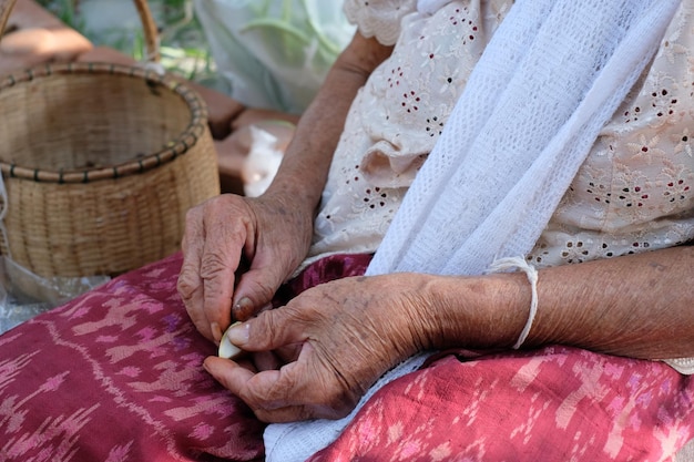 Midsection of senior woman holding food