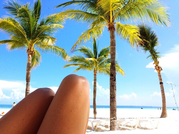 Foto sezione centrale di una donna sulla spiaggia contro il cielo blu