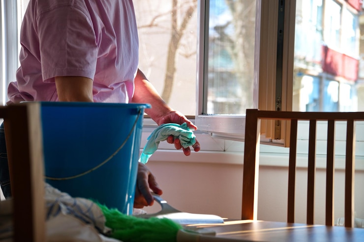 Photo midsection of woman cleaning a window with cloth