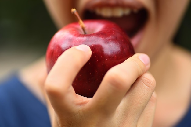 Foto sezione centrale di una donna che mangia una mela