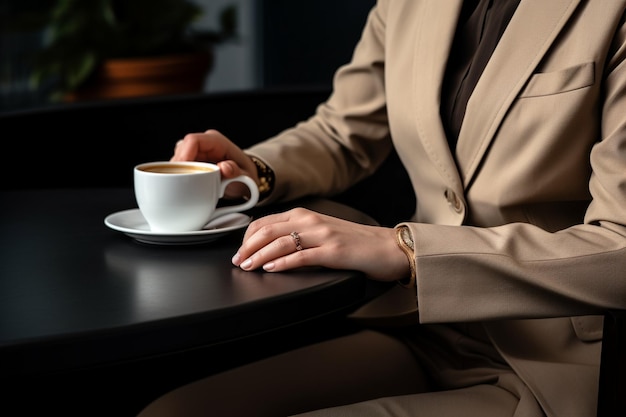 Midsection of woman holding coffee cup on table