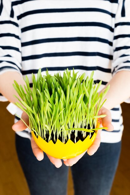 Midsection of woman holding plant