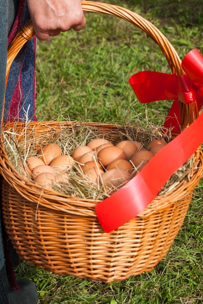 Midsection of woman holding red basket in field