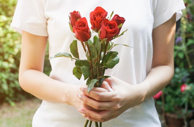 Foto sezione centrale di una donna che tiene delle rose rosse