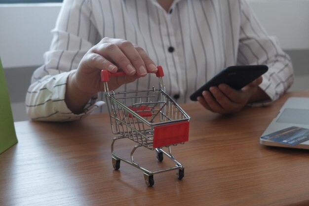 Midsection of woman holding small shopping cart while sitting with phone at table