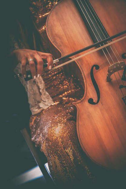 Foto sezione centrale di una donna che suona il violoncello