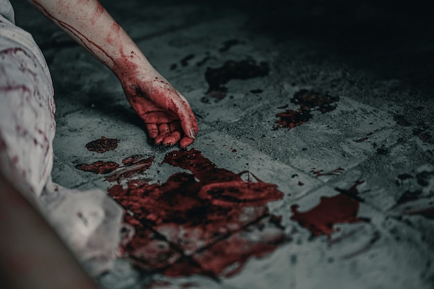 Photo midsection of woman with blooded hand on floor