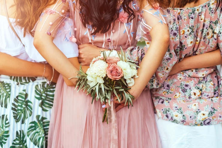 Photo midsection of woman with friends holding flower bouquet