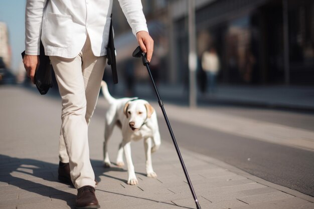 Midsection of young blind man with white cane walking across the street in city