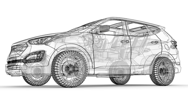 Foto crossover cittadino di medie dimensioni un'illustrazione su uno sfondo bianco l'auto è delineata da linee