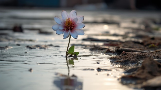 In the midst of the floods aftermath a single floating flower remains a symbol of hope and