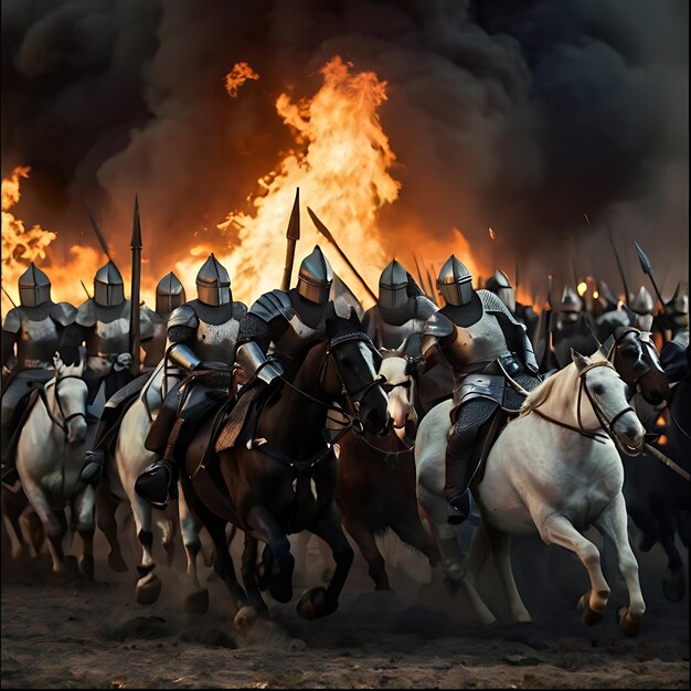 In the midst of a medieval battlefield where knightmen on horseback genarated by AI