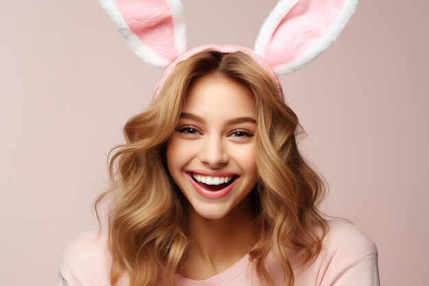 In the midst of a serene light backdrop a woman dons Easter bunny ears and exudes Easter joy with a happy heart