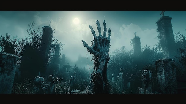 In the midst of a spooky night a zombie hand rises out of a graveyard