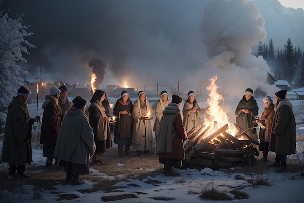 В разгар зимних морозов жители деревни проводят ритуал зажжения костра.