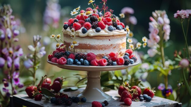 Foto midsummer bloemcake bessen en room feestelijke buitentafel fotorealistische hd