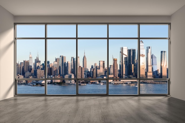 ミッドタウンニューヨーク市マンハッタンスカイラインビル高層窓から美しい高価な不動産空の部屋インテリア超高層ビル街並みを見る昼間ハドソンヤードウェストサイド3Dレンダリング