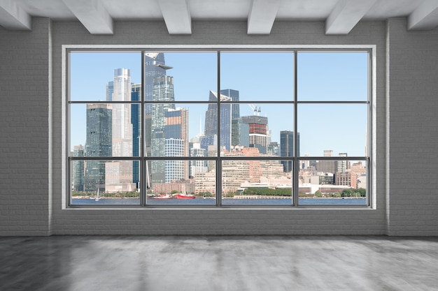 Midtown New York City Manhattan Skyline Buildings from High Rise Window Beautiful Expensive Real Estate Empty room Interior Skyscrapers View Cityscape Day time Hudson Yards West Side 3d rendering