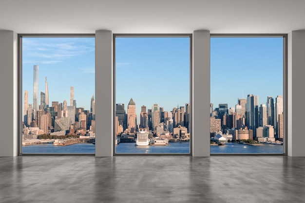 Midtown new york city manhattan skyline buildings from high\
rise window beautiful expensive real estate empty room interior\
skyscrapers view cityscape day time west side 3d rendering