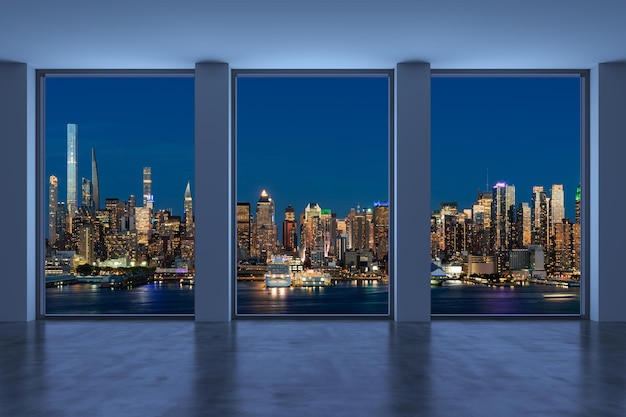 Midtown New York City Manhattan Skyline gebouwen van hoogbouw venster mooie dure onroerend goed lege ruimte interieur wolkenkrabbers uitzicht stadsgezicht nacht tijd west kant 3D-rendering