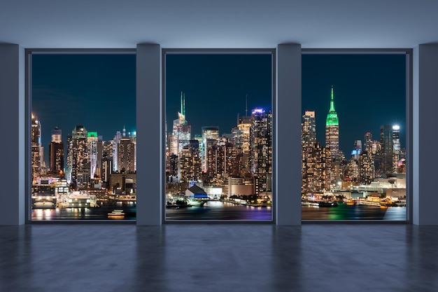 Midtown New York City Manhattan Skyline gebouwen van hoogbouw venster mooie dure onroerend goed lege ruimte interieur wolkenkrabbers uitzicht stadsgezicht nacht tijd west kant 3D-rendering