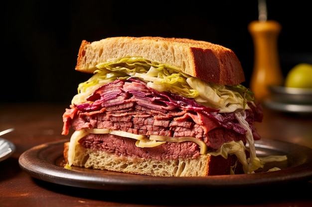 A Midwest inspired corned beef and cabbage burger is served on a plate