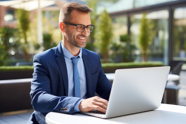 a midyears business analyst looking at the laptop on a sunny day in the office realistic