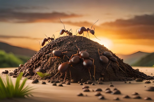 Mieren op een hoop aarde met een zonsondergang op de achtergrond