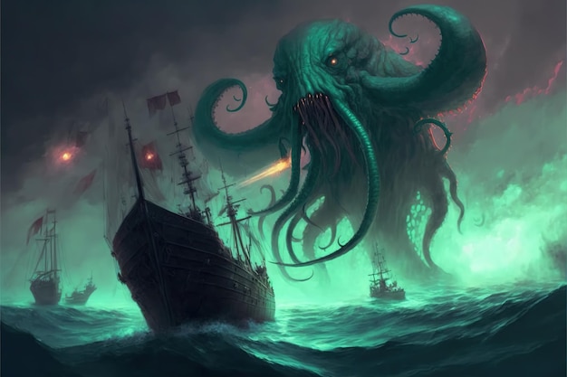 Mighty Cthulhu living in the ocean Dark fantasy scene showing Cthulhu the giant sea monster destroying ships digital art style illustration painting